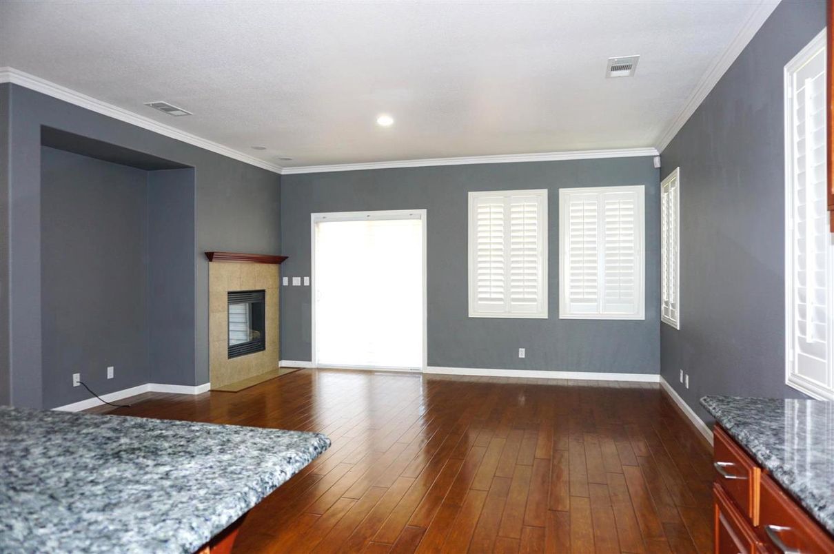Empty room, Fireplace, Interior, Recessed Lighting, Wood Texture Flooring