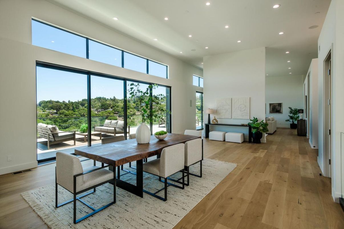 Dining room, Interior, Living room, Recessed Lighting, Wood Texture Flooring