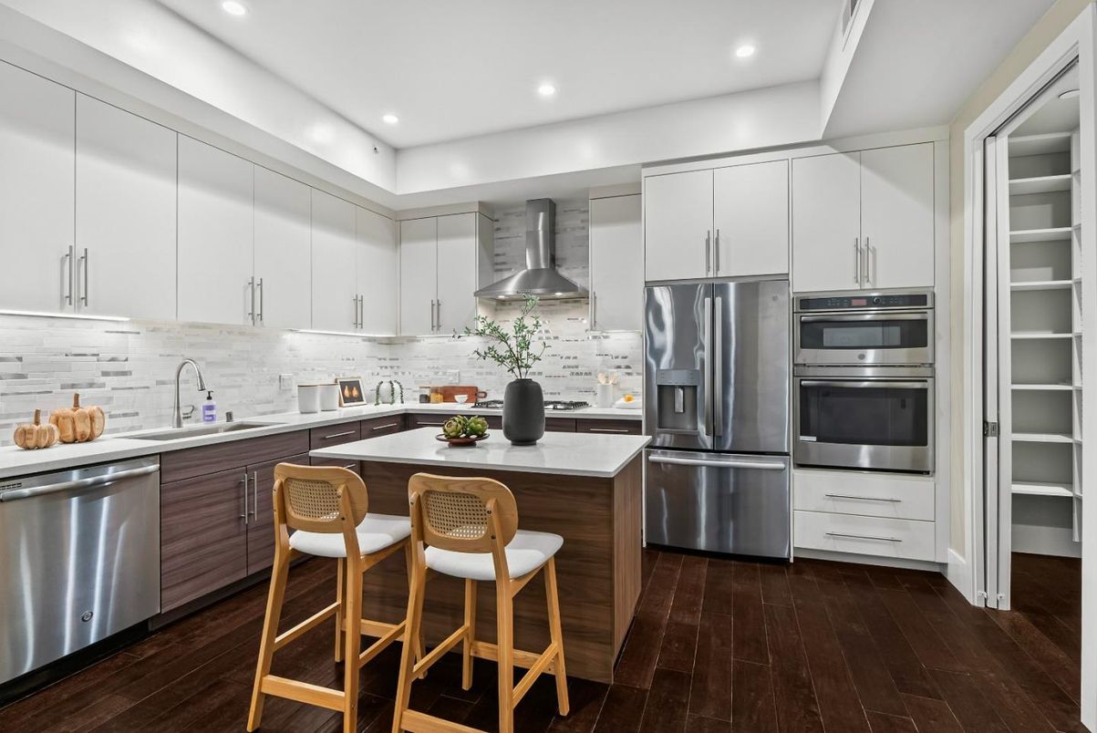 Interior, Kitchen, Recessed Lighting, Stainless Steel Appliances, Wood Texture Flooring