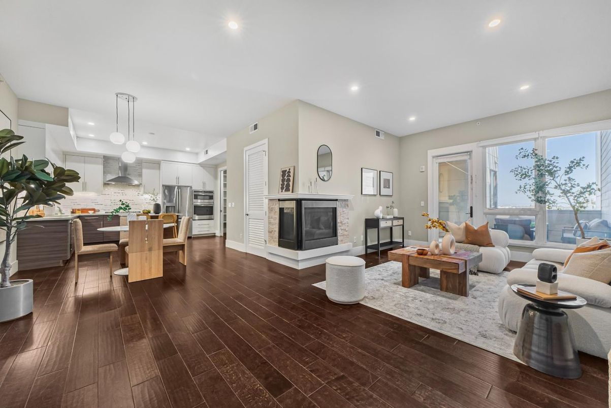Dining room, Fireplace, Interior, Kitchen, Living room, Pendant Lights, Recessed Lighting, Stainless Steel Appliances, Wood Texture Flooring