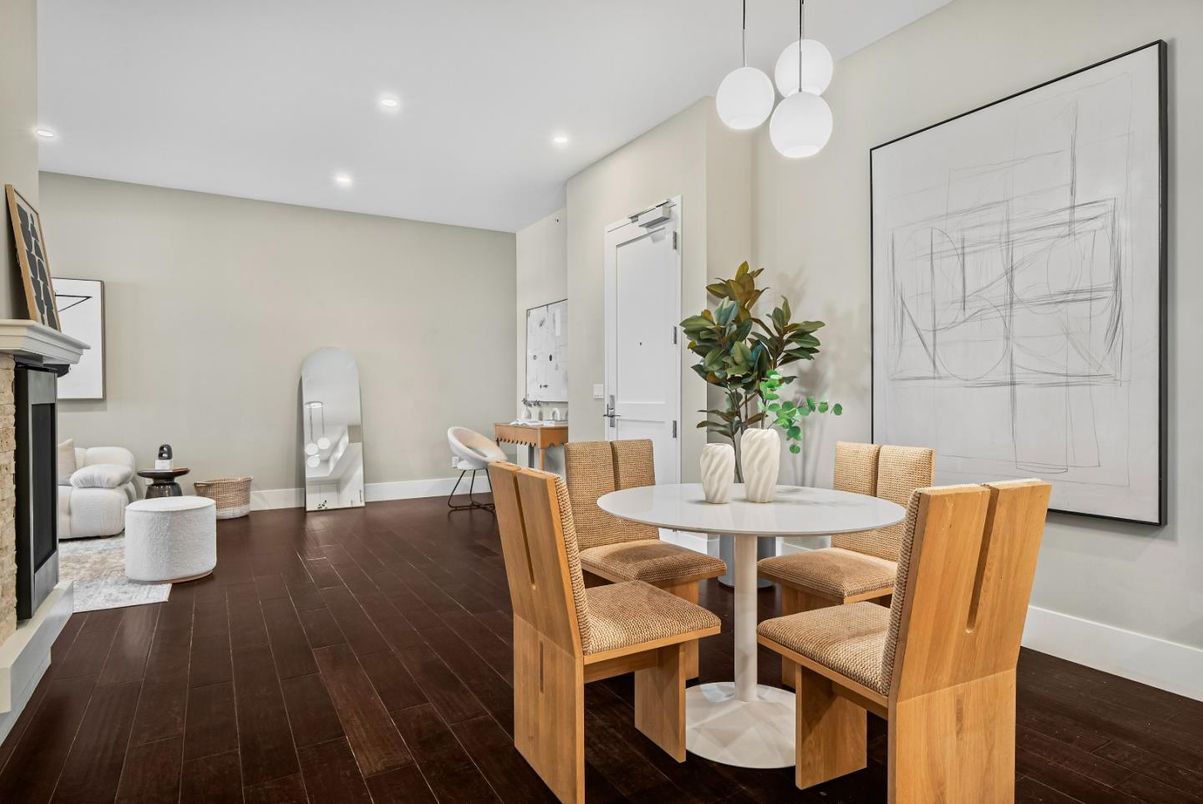 Dining room, Interior, Pendant Lights, Recessed Lighting, Wood Texture Flooring