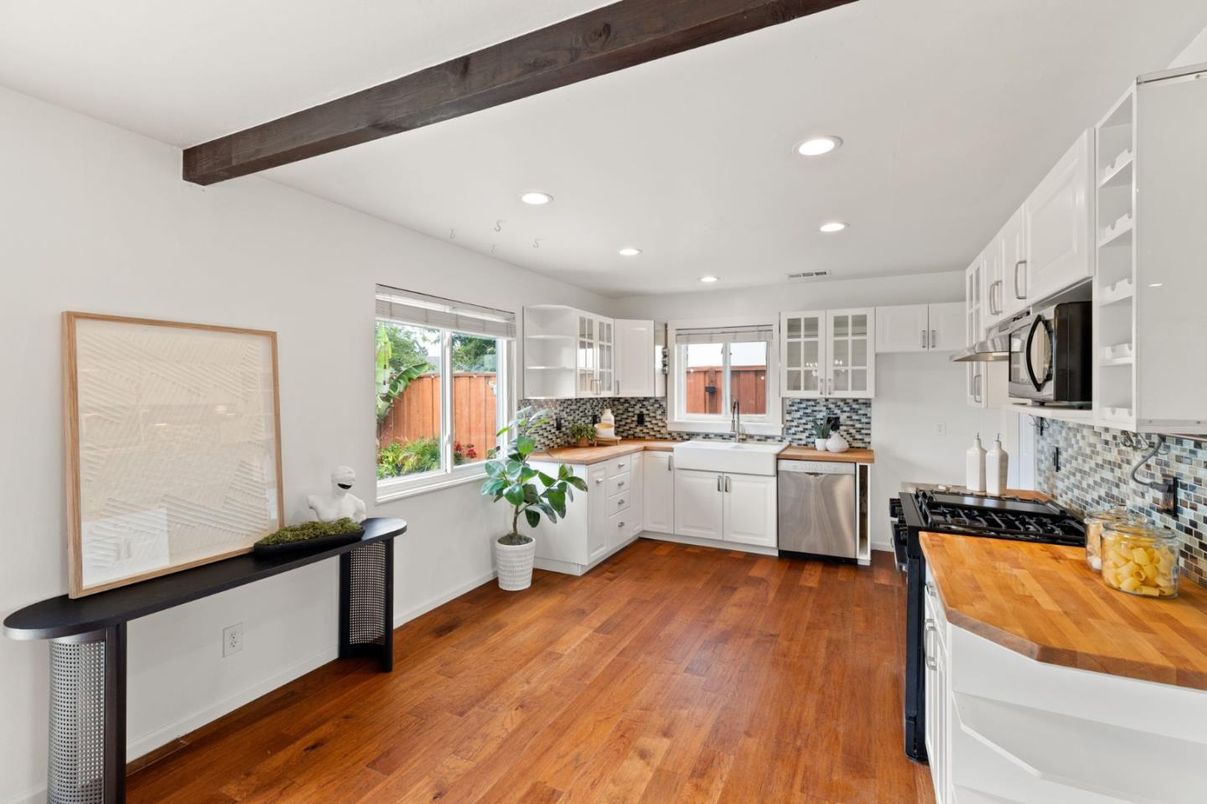 Interior, Kitchen, Recessed Lighting, Stainless Steel Appliances, Wooden Beams, Wood Texture Flooring