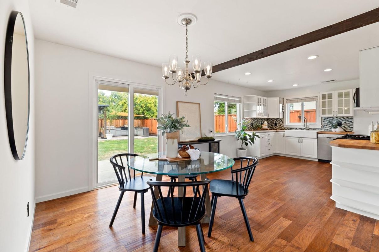 Chandelier, Dining room, Interior, Kitchen, Recessed Lighting, Wooden Beams, Wood Texture Flooring