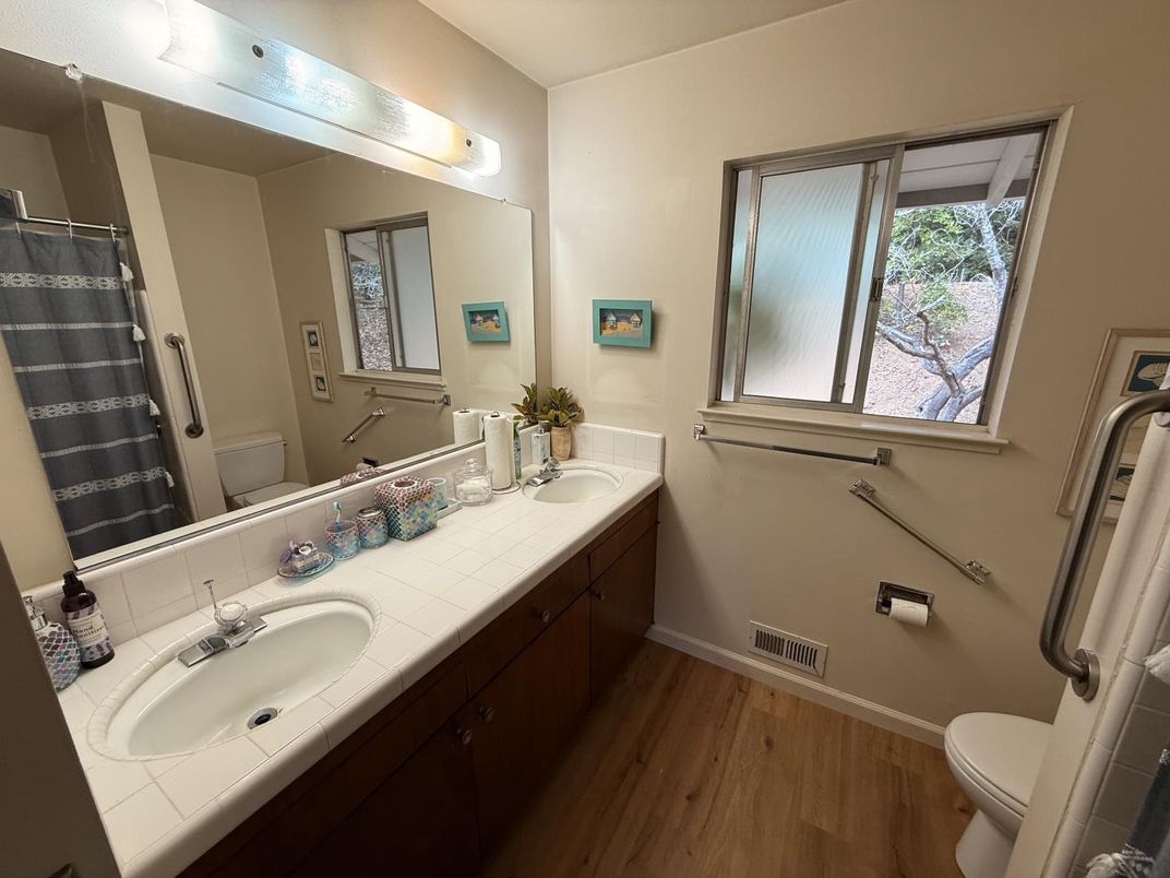 Bathroom, Dual Sink Vanities, Interior, Tile Countertops, Wood Texture Flooring