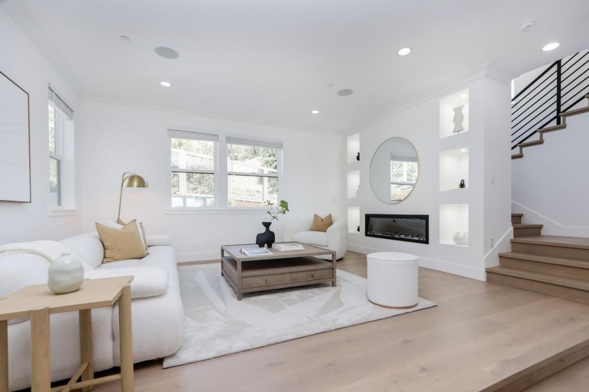 Fireplace, Interior, Living room, Recessed Lighting, Wood Texture Flooring