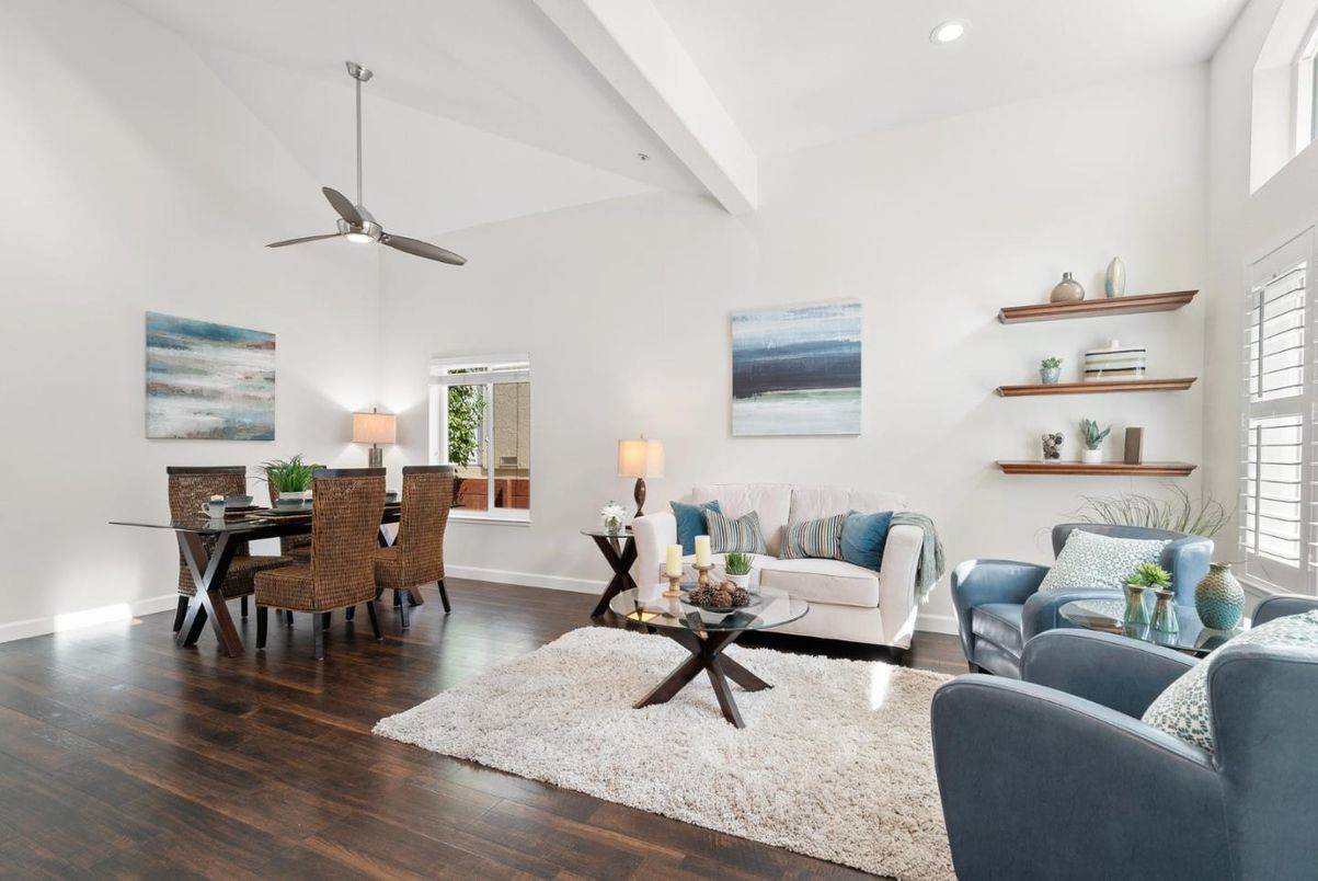 Dining room, Interior, Living room, Recessed Lighting, Wood Texture Flooring