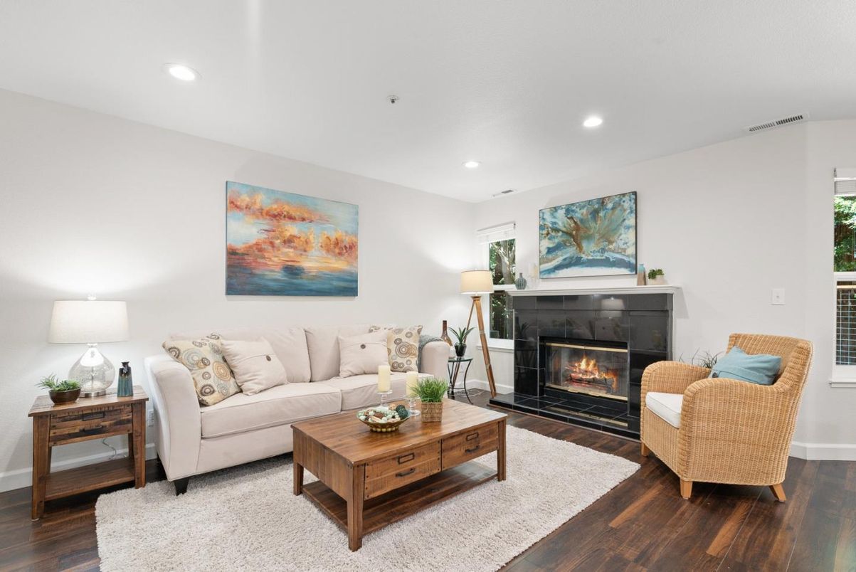 Fireplace, Interior, Living room, Recessed Lighting, Wood Texture Flooring