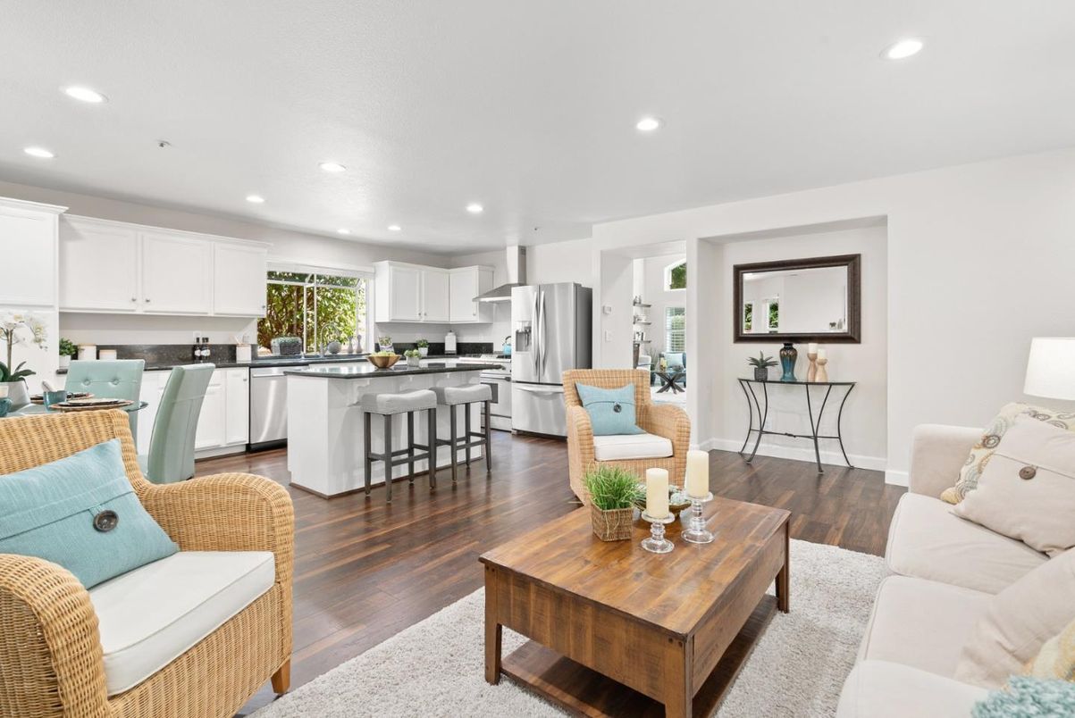 Interior, Kitchen, Living room, Recessed Lighting, Stainless Steel Appliances, Wood Texture Flooring