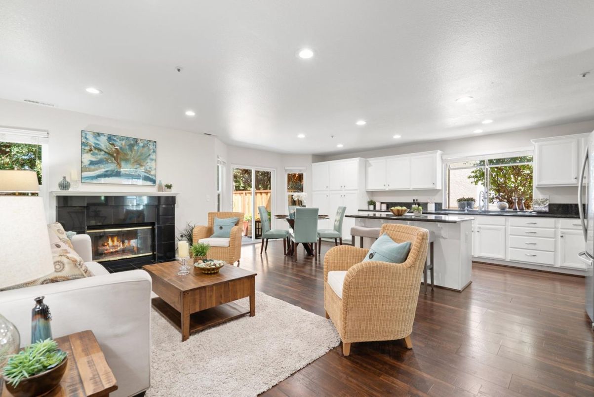 Dining room, Fireplace, Interior, Kitchen, Living room, Recessed Lighting, Wood Texture Flooring
