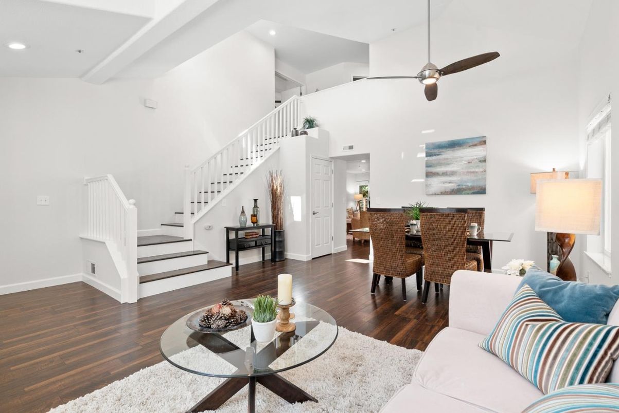 Dining room, Interior, Living room, Recessed Lighting, Wood Texture Flooring