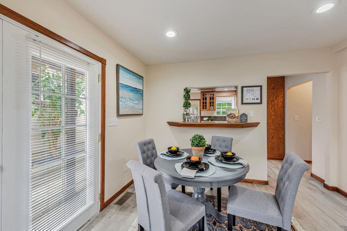 Dining room, Interior, Recessed Lighting, Wood Texture Flooring