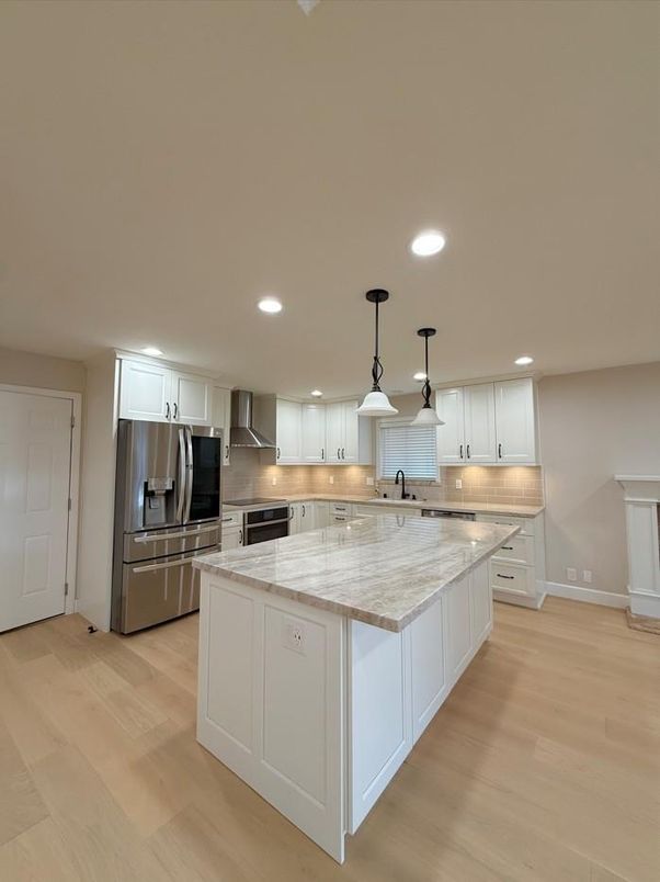 Interior, Kitchen, Pendant Lights, Recessed Lighting, Stainless Steel Appliances, Wood Texture Flooring