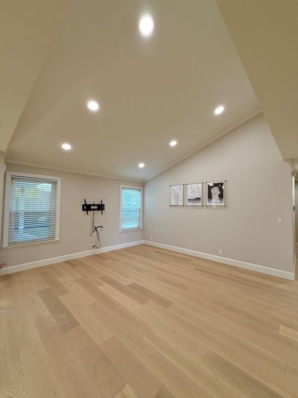 Empty room, Interior, Recessed Lighting, Wood Texture Flooring