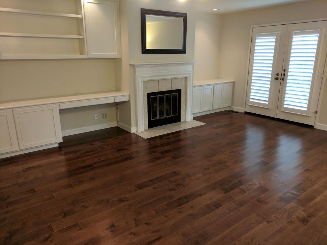 Empty room, Fireplace, Interior, Recessed Lighting, Wood Texture Flooring