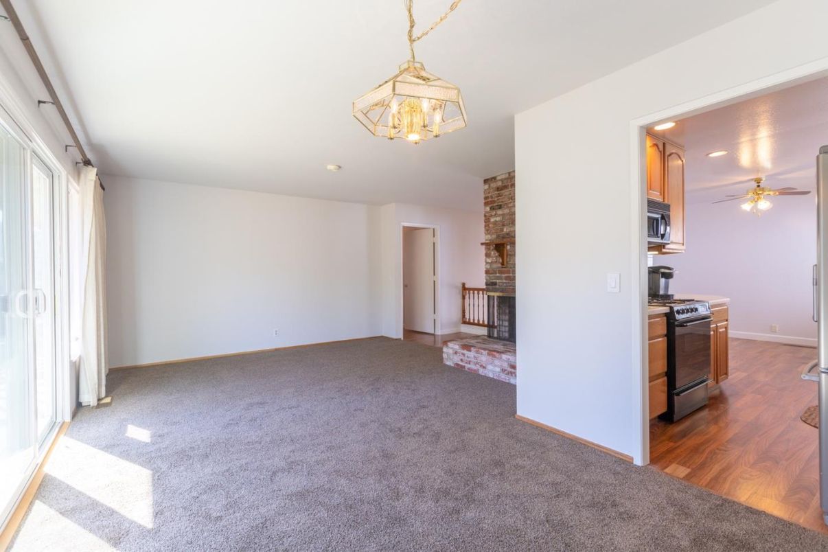 Empty room, Interior, Kitchen, Pendant Lights, Recessed Lighting, Stone Walls, Wood Texture Flooring