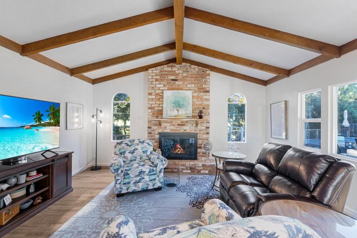 Fireplace, Interior, Living room, Stone Walls, Wooden Beams, Wood Texture Flooring