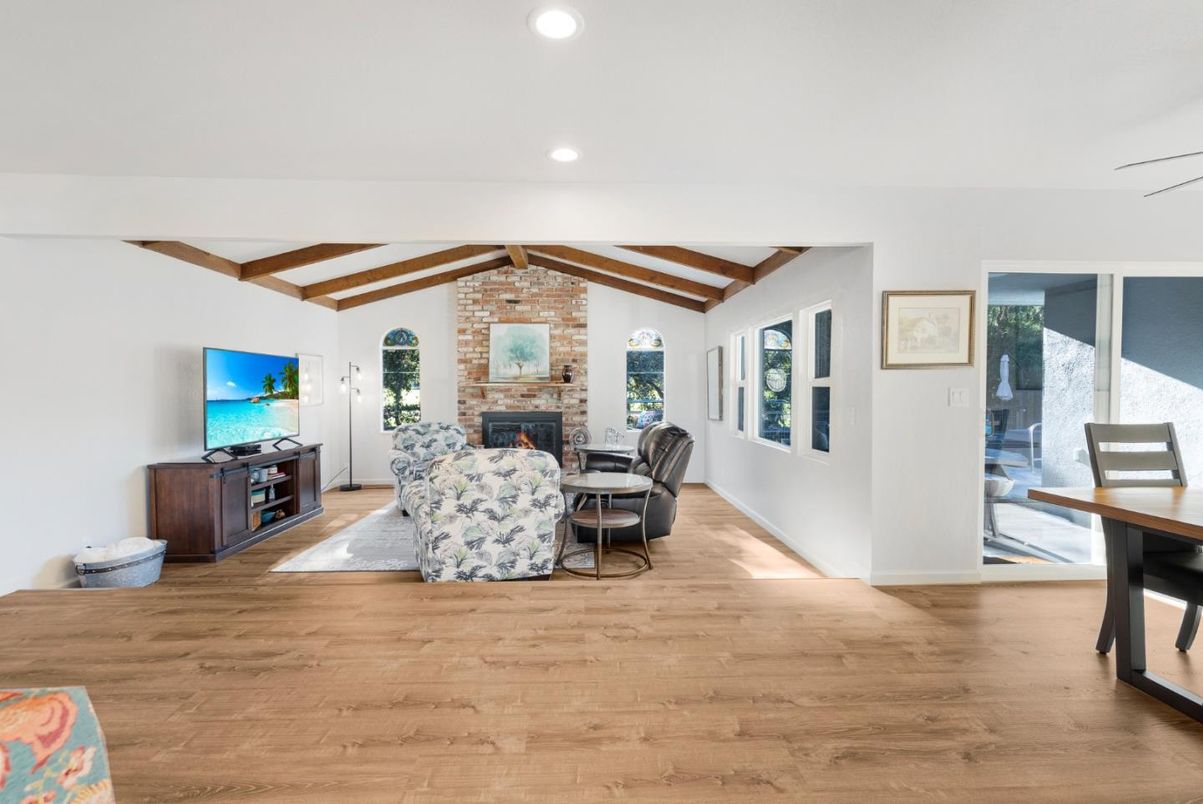 Fireplace, Interior, Living room, Recessed Lighting, Stone Walls, Wooden Beams, Wood Texture Flooring