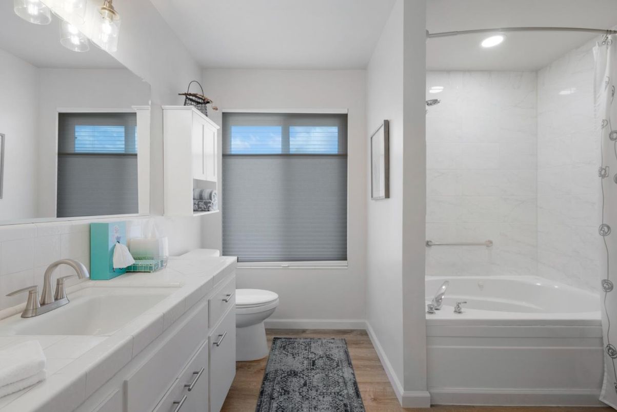 Bathroom, Interior, Marble Walls, Recessed Lighting, Tile Countertops, Wood Texture Flooring