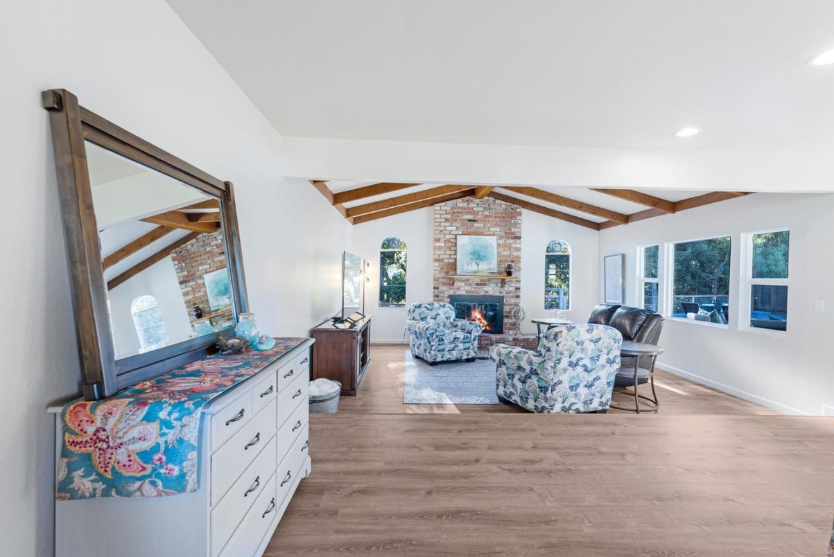 Fireplace, Interior, Living room, Recessed Lighting, Stone Walls, Wooden Beams, Wood Texture Flooring