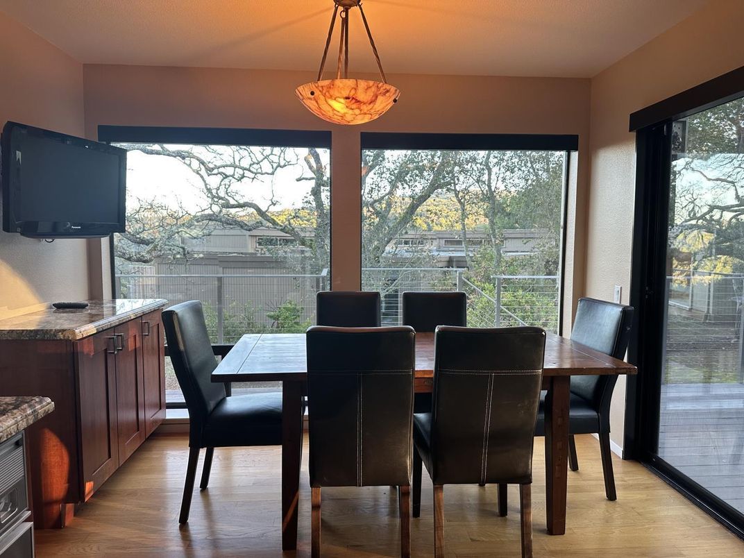 Dining room, Interior, Pendant Lights, Wood Texture Flooring