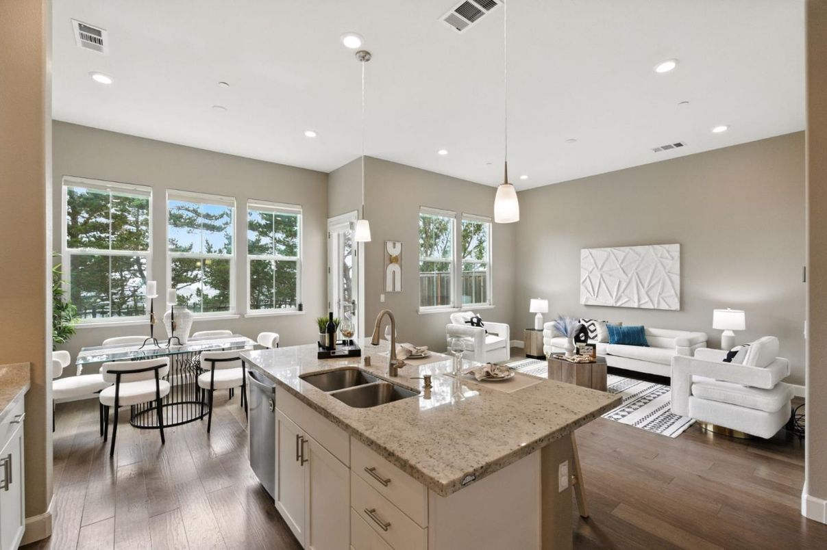 Dining room, Interior, Kitchen, Living room, Pendant Lights, Recessed Lighting, Wood Texture Flooring