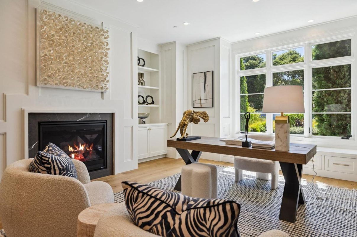 Fireplace, Home Office, Interior, Recessed Lighting, Wood Texture Flooring