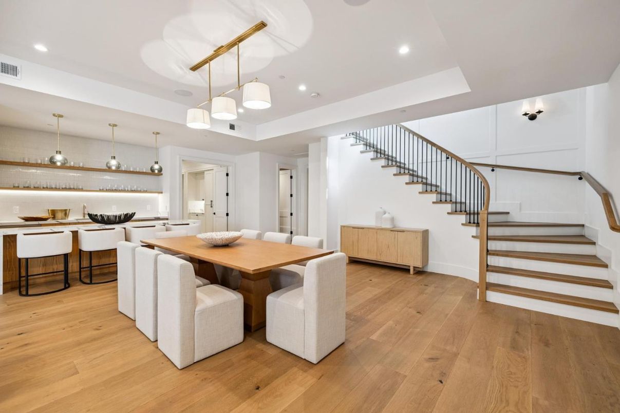 Dining room, Interior, Pendant Lights, Recessed Lighting, Wood Texture Flooring