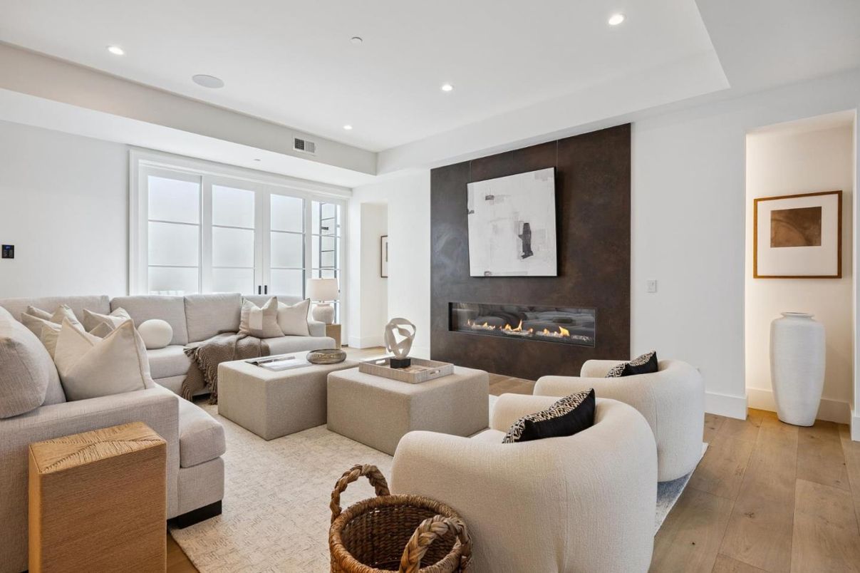 Fireplace, Interior, Living room, Recessed Lighting, Wood Texture Flooring