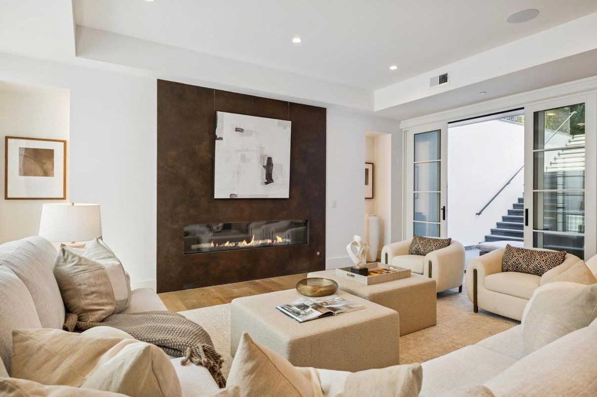 Fireplace, Interior, Living room, Recessed Lighting, Wood Texture Flooring