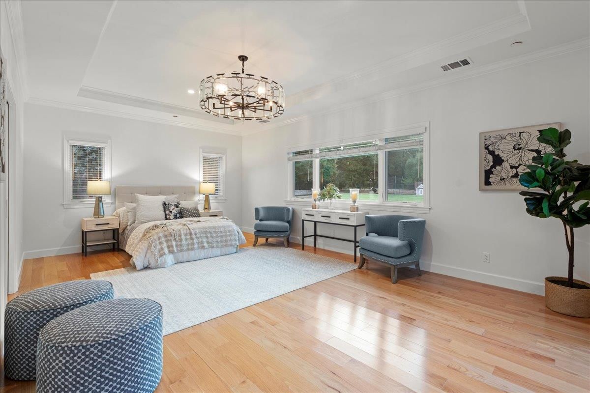 Bedroom, Chandelier, Interior, Wood Texture Flooring