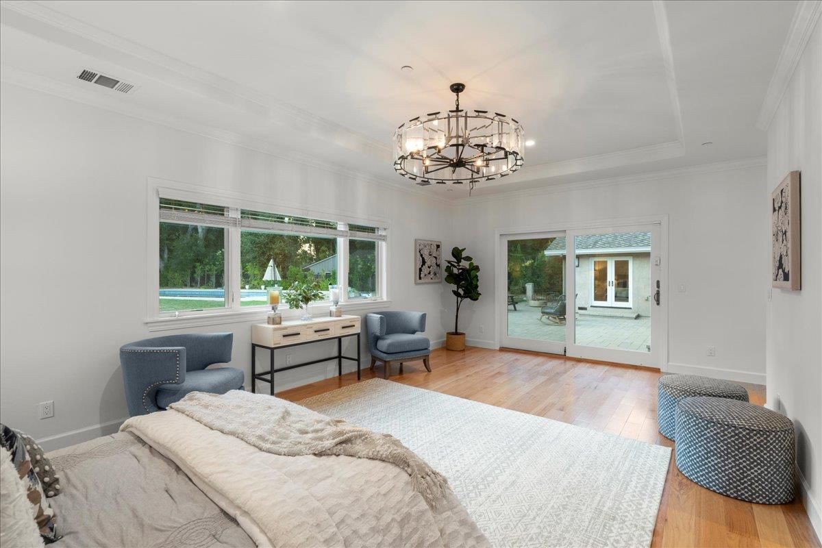 Bedroom, Chandelier, Interior, Wood Texture Flooring