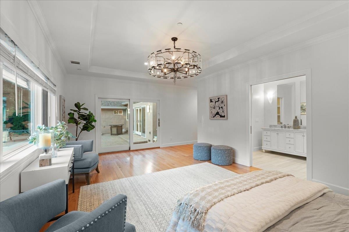 Bedroom, Chandelier, Interior, Wood Texture Flooring