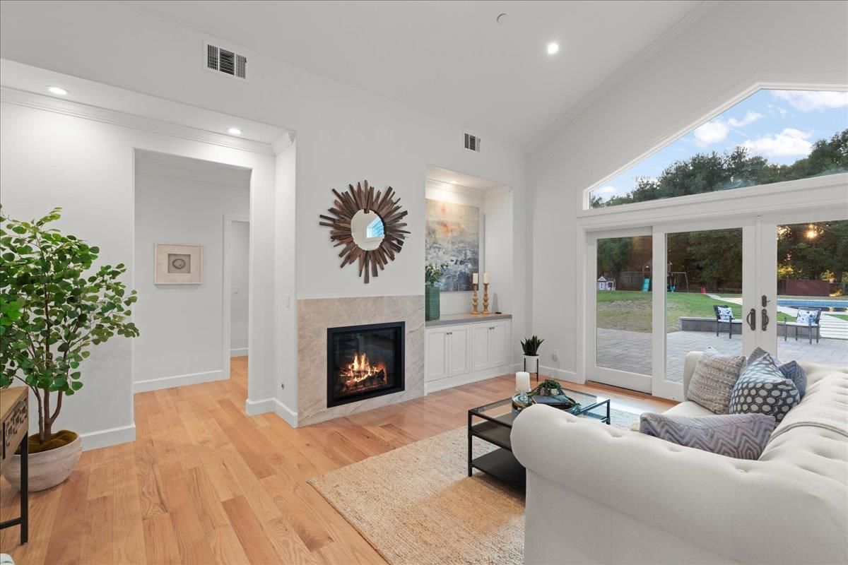 Fireplace, Interior, Living room, Recessed Lighting, Wood Texture Flooring