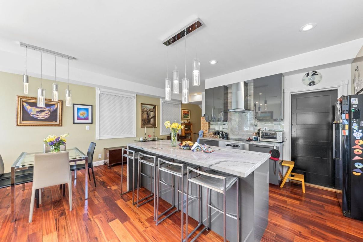 Dining room, Interior, Kitchen, Pendant Lights, Recessed Lighting, Stainless Steel Appliances, Wood Texture Flooring