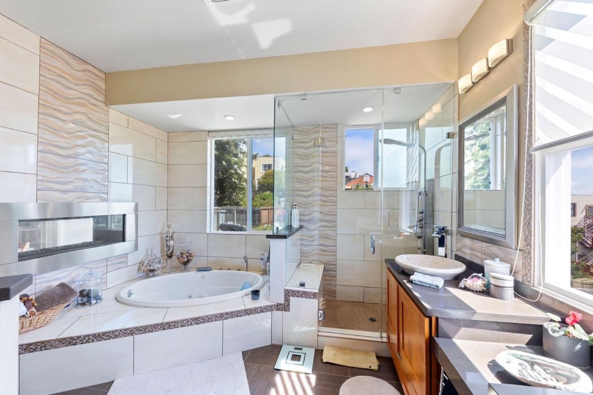 Bathroom, Glass Shower, Interior, Recessed Lighting, Wood Texture Flooring