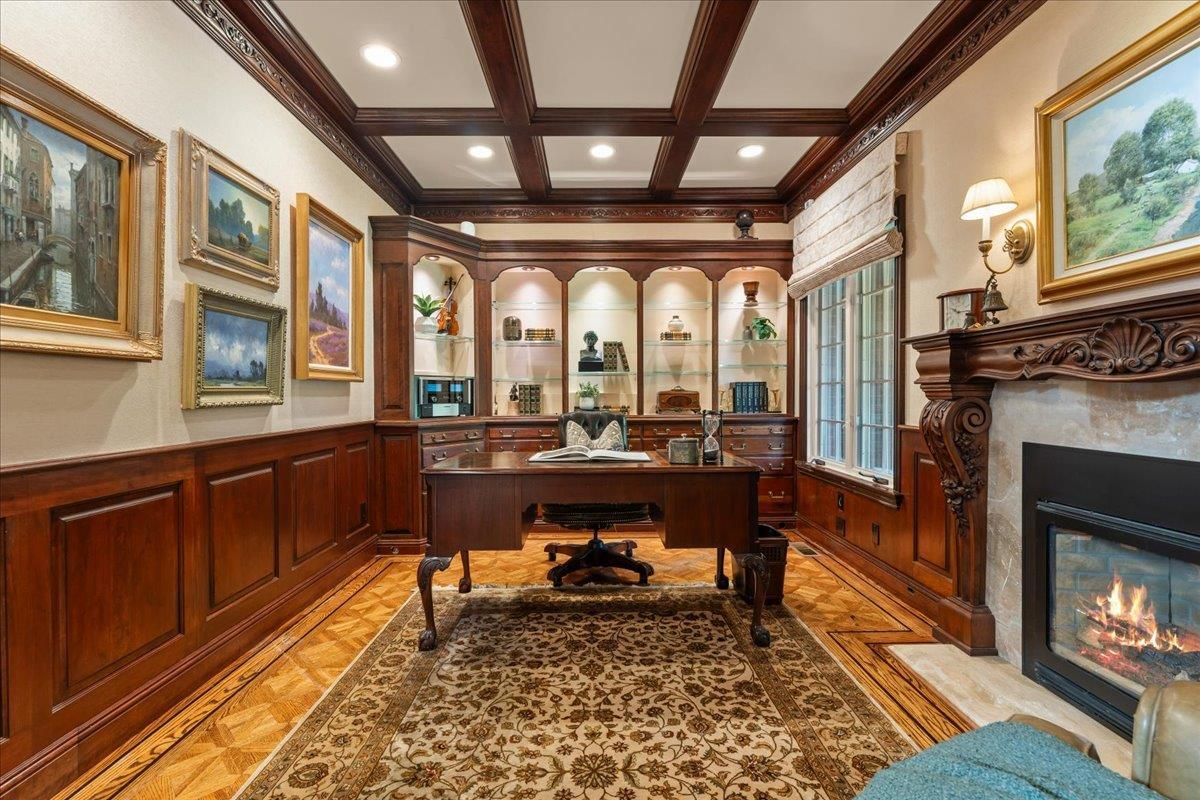 Fireplace, Home Office, Interior, Recessed Lighting, Wooden Beams, Wood Texture Flooring