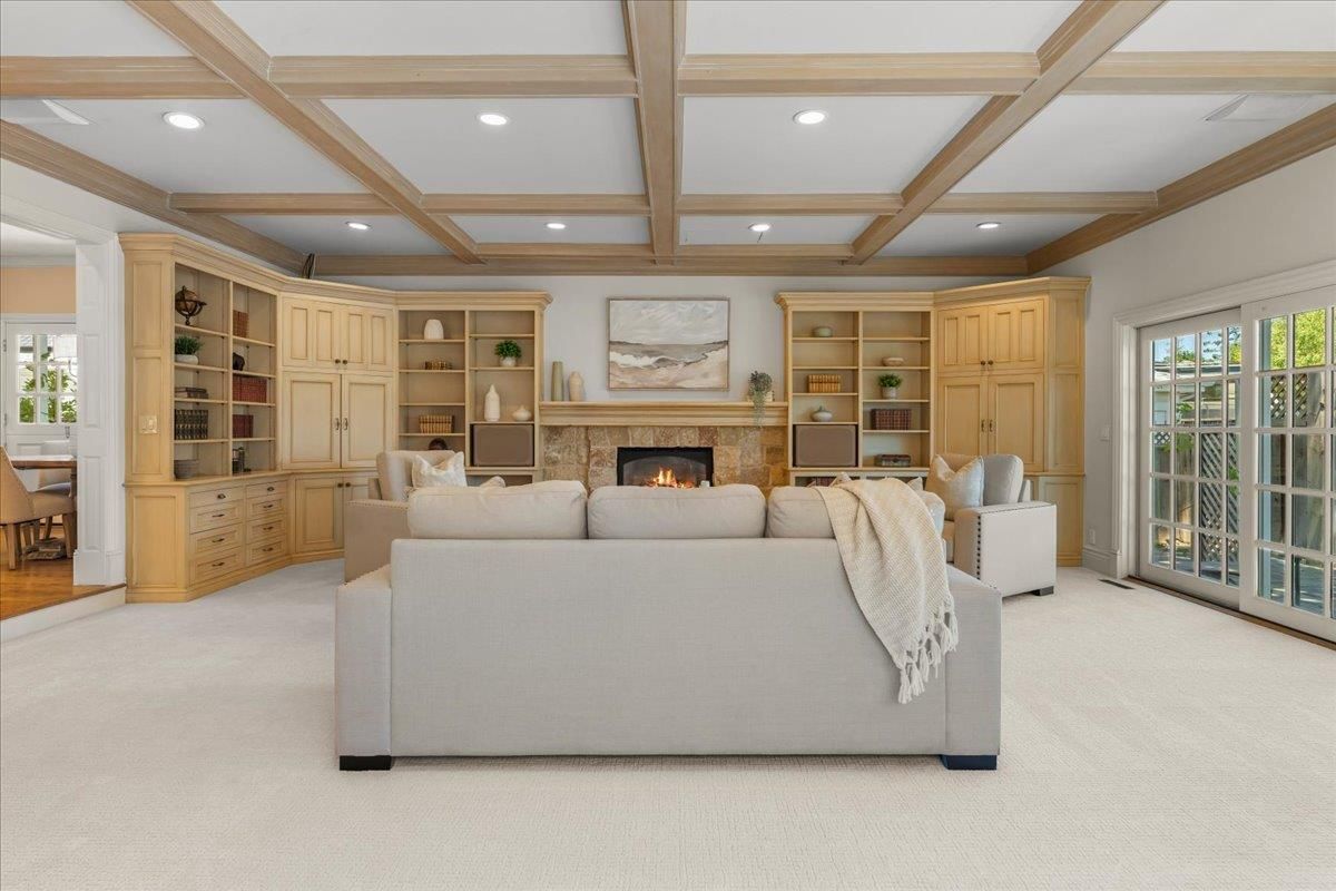 Fireplace, Interior, Living room, Recessed Lighting, Wooden Beams