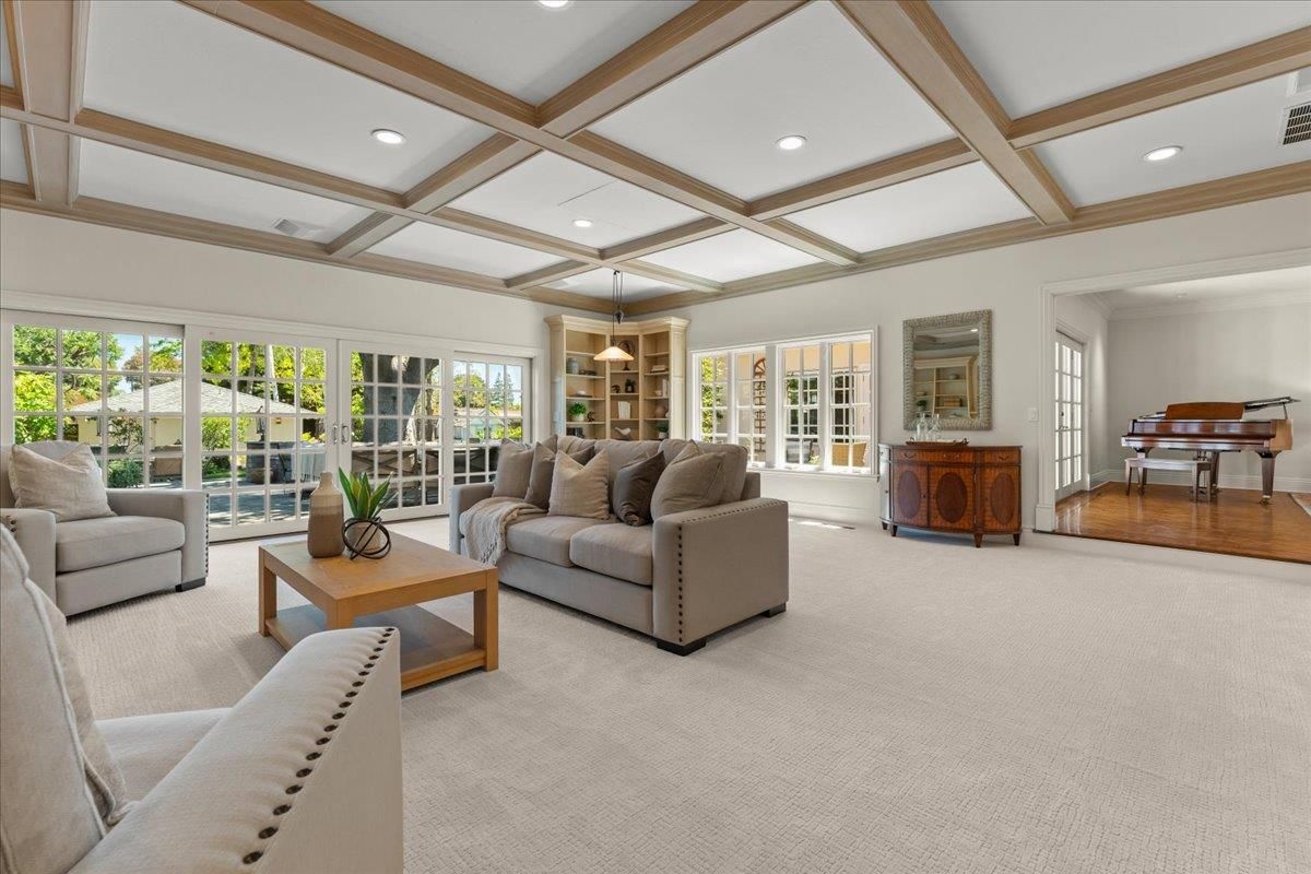 Interior, Living room, Piano, Recessed Lighting, Wooden Beams