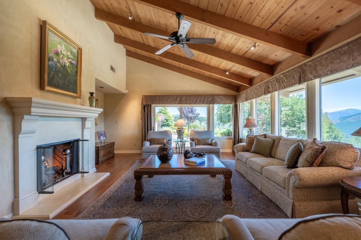 Fireplace, Interior, Living room, Recessed Lighting, Wooden Beams, Wooden Ceilings, Wood Texture Flooring