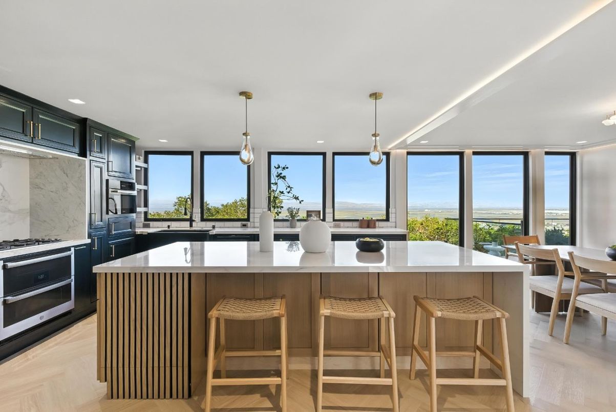 Interior, Kitchen, Marble Walls, Pendant Lights, Recessed Lighting, Wood Texture Flooring