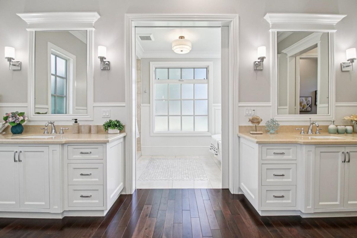 Bathroom, Dual Sink Vanities, Glass Shower, Interior, Wood Texture Flooring