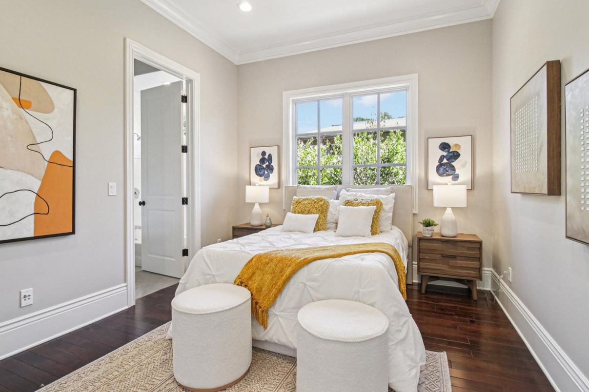 Bedroom, Interior, Recessed Lighting, Wood Texture Flooring