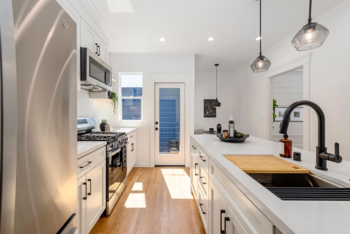 Interior, Kitchen, Pendant Lights, Recessed Lighting, Stainless Steel Appliances, Wood Texture Flooring