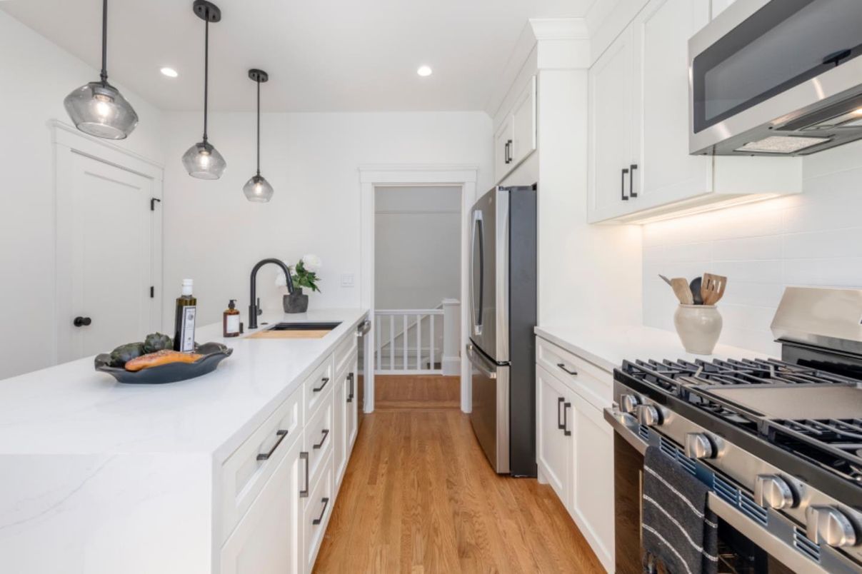 Interior, Kitchen, Pendant Lights, Recessed Lighting, Stainless Steel Appliances, Wood Texture Flooring