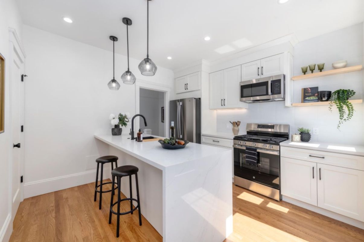 Interior, Kitchen, Pendant Lights, Recessed Lighting, Stainless Steel Appliances, Wood Texture Flooring