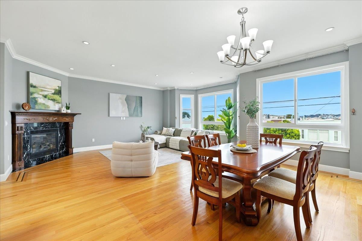 Chandelier, Dining room, Fireplace, Interior, Living room, Recessed Lighting, Wood Texture Flooring
