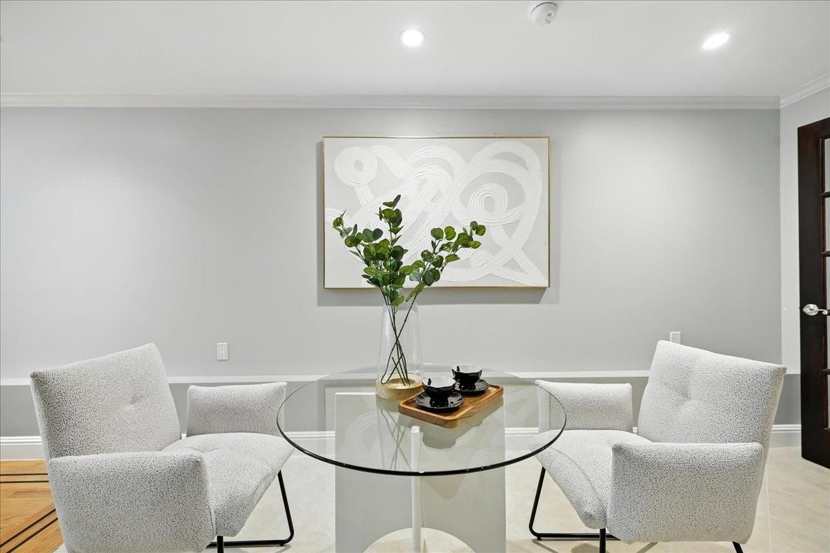 Dining room, Interior, Recessed Lighting, Wood Texture Flooring