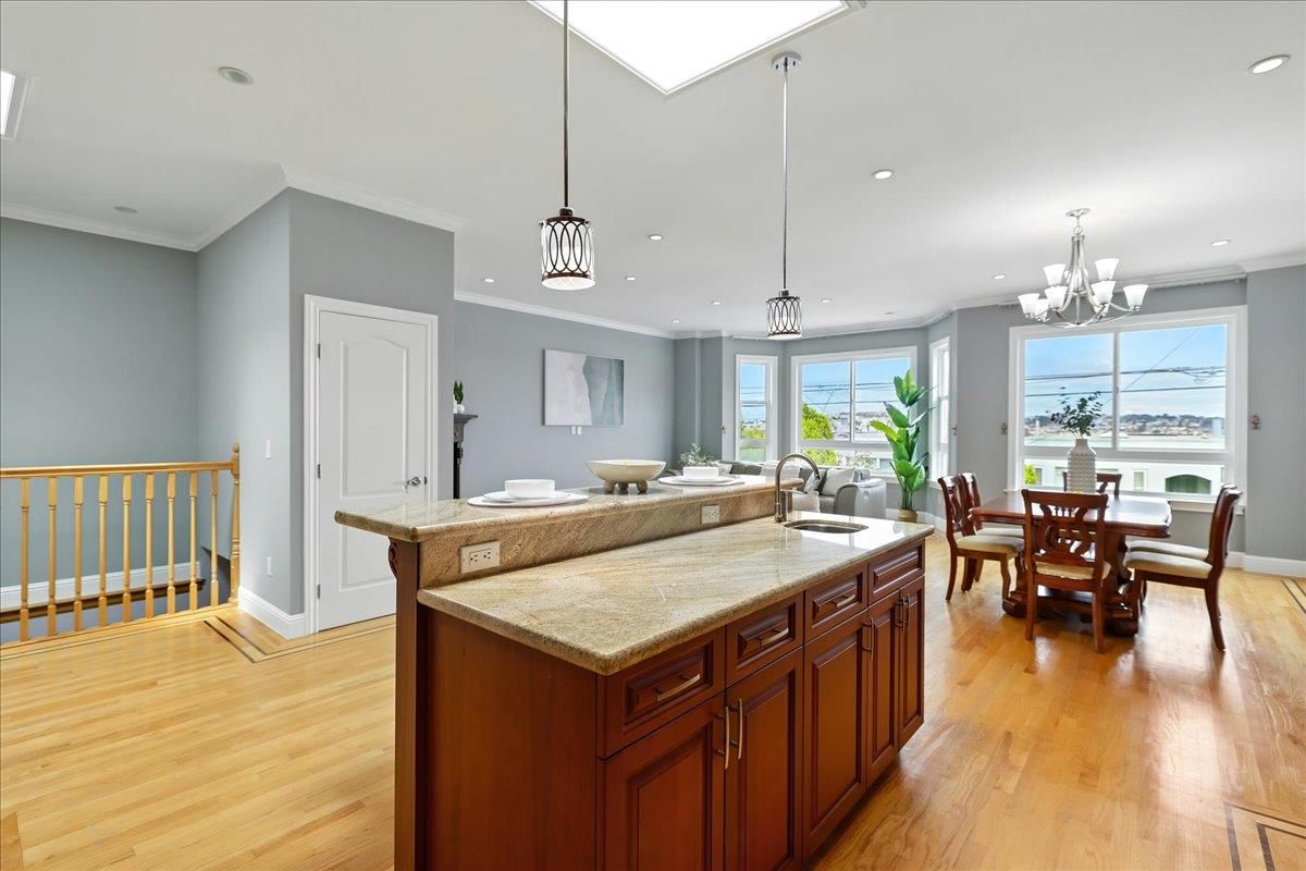 Chandelier, Dining room, Interior, Pendant Lights, Recessed Lighting, Wood Texture Flooring