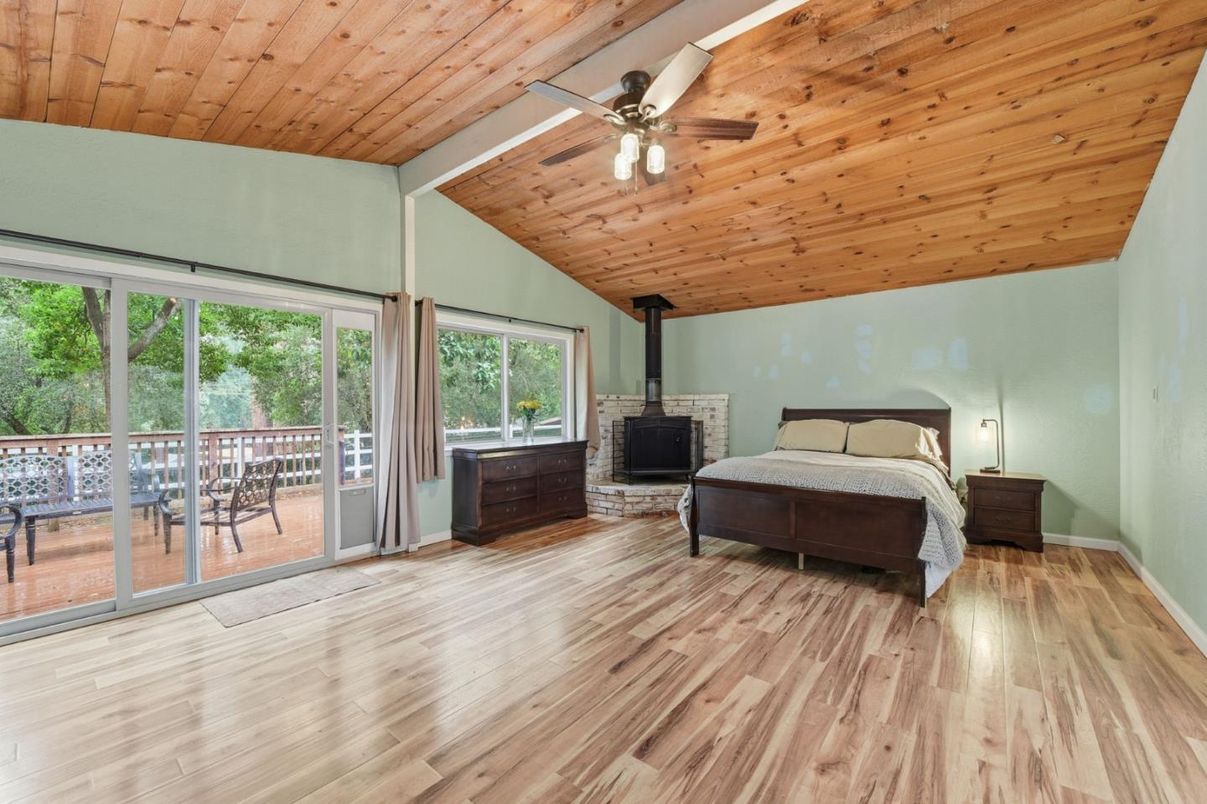 Bedroom, Fireplace, Interior, Wooden Ceilings, Wood Texture Flooring