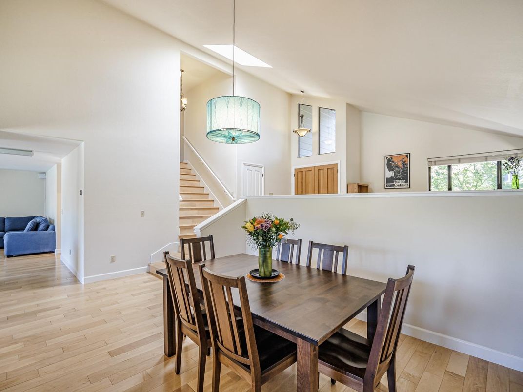 Dining room, Interior, Pendant Lights, Wood Texture Flooring